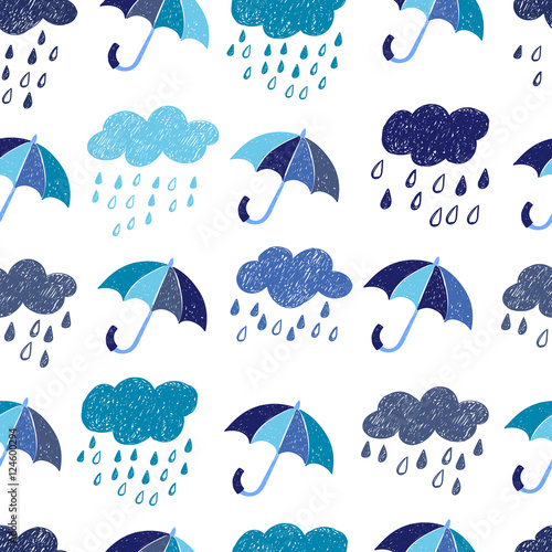Rainy seamless pattern. Vector rain background with doodle clouds and umbrellas. 