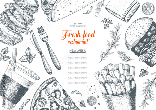 Fast food top view frame. Fast food banner, snack collection. Vintage vector illustration. Drawn in ink. 