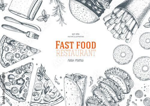 Fast food top view frame. Fast food banner, snack collection. Vintage vector illustration. Drawn in ink. 
