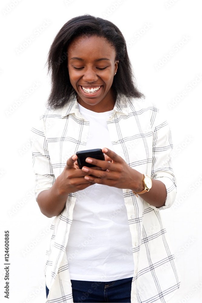 Woman having fun using smartphone