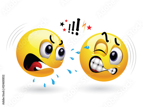 Smileys arguing. One smiley yelling at another.
Humoristic vector illustration. 
