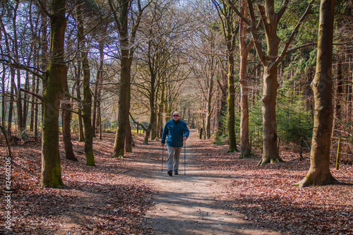 Retired vital man alone at the Nordic walking in the forest