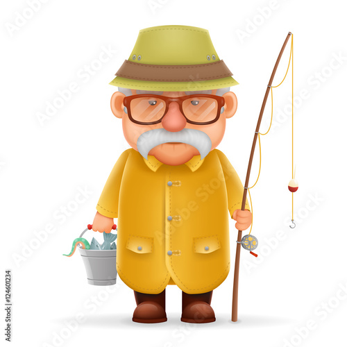 Old Fisherman Grandfather 3d Realistic Cartoon Character Design Isolated Vector Illustration