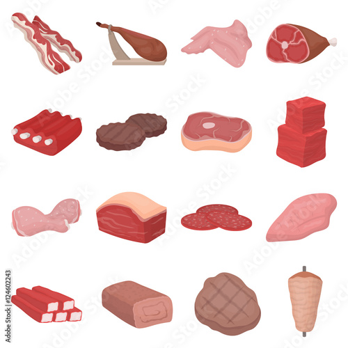 Meats set icons in cartoon style. Big collection meats vector symbol stock illustration