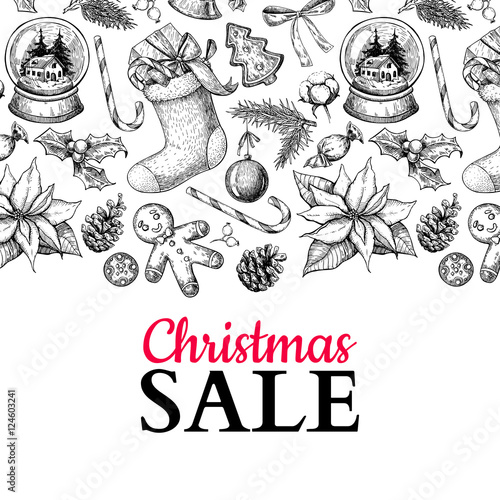 Christmas sale banner. Vector hand drawn illustration. Xmas plants and symbols.