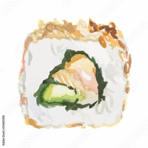 Isolated watercolor sushi roll on white background. Traditional asian food with caviar, rice and fish.