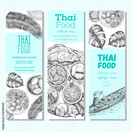 Asian food banner set. Asian food vertical banner collection. Thai food menu restaurant. Thai food sketch menu. Linear graphic
