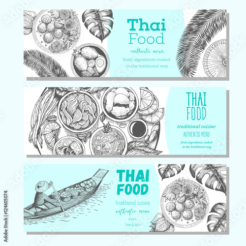 Asian food banner set. Asian food horizontal banner collection. Thai food menu restaurant. Thai food sketch menu. Linear graphic