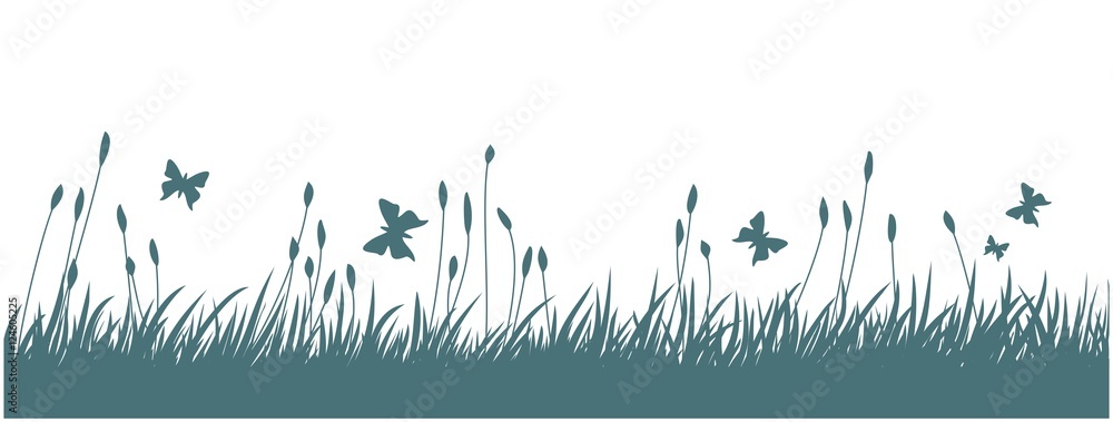 Landscape with grass and butterflies.  - obrazy, fototapety, plakaty 