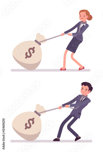 Set of businessman and businesswoman dragging a giant heavy money sack on a chain. Cartoon vector flat-style concept illustration