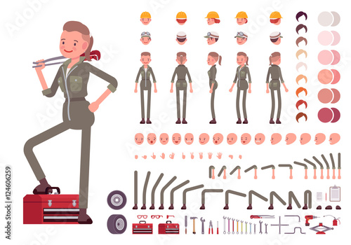 Female mechanic character creation set. Build your own design. Cartoon vector flat-style infographic illustration