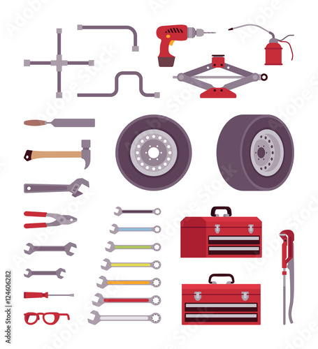 Set of car toolls isolated agains white background. Cartoon vector flat-style illustration