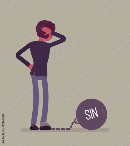 Businessman chained with a giant metall weight, written Sin on a ball, thinking the problem over, scratching his head. Rear view. Cartoon vector flat-style concept illustration
