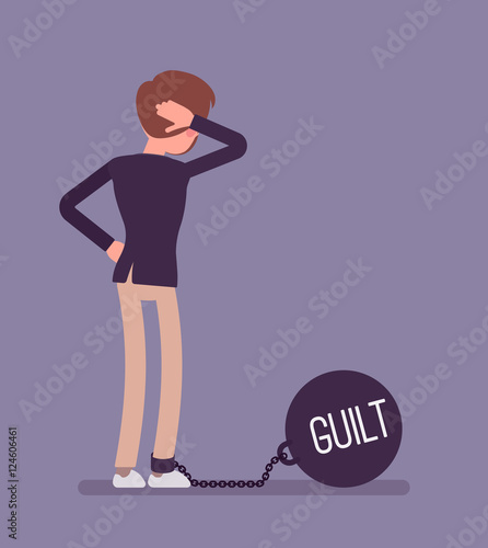 Businessman chained with a giant metall weight, written Guilt on a ball, thinking the problem over, scratching his head. Rear view. Cartoon vector flat-style concept illustration