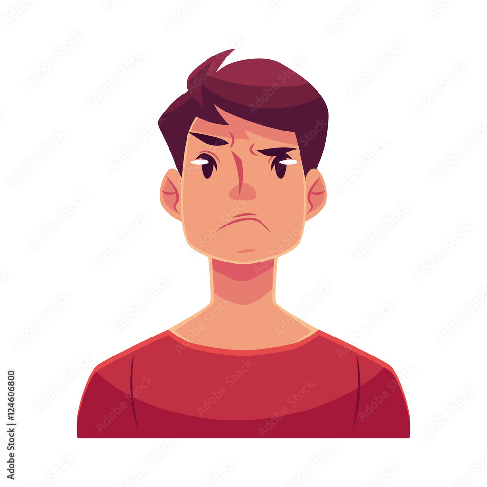 Young man face, angry facial expression, cartoon vector illustrations  isolated on white background. Handsome boy emoji, feeling distressed,  frustrated, sullen, upset. Angry face expression Stock Vector | Adobe Stock