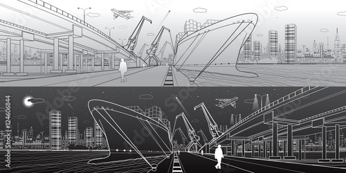 Transportation and industrial panorama. Cargo ship loading, boats on the water, sea harbor. Transport overpass, highway, urban scene, airplane fly. Light and dark lines. Vector design art