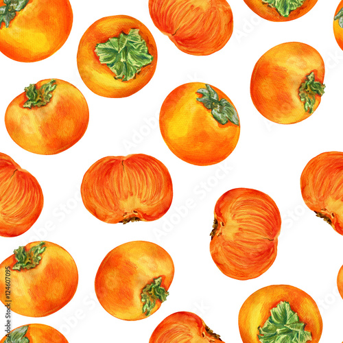 Watercolor persimmon hand drawn illustration isolated on white background, seamless pattern food ingredient, organic tropical fruit, decorative texture for design restaurant menu, healthy market