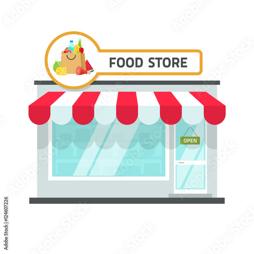 Food store building vector illustration isolated on white background, grocery shop facade with food signboard on roof front view, storefront flat cartoon style