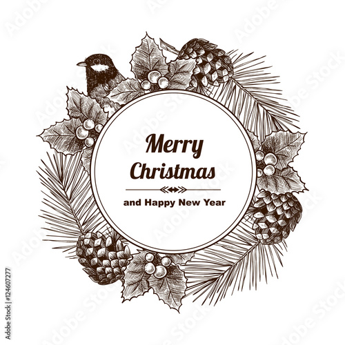 Vintage design for christmas card or invitation. Hand drawn. Vintage style