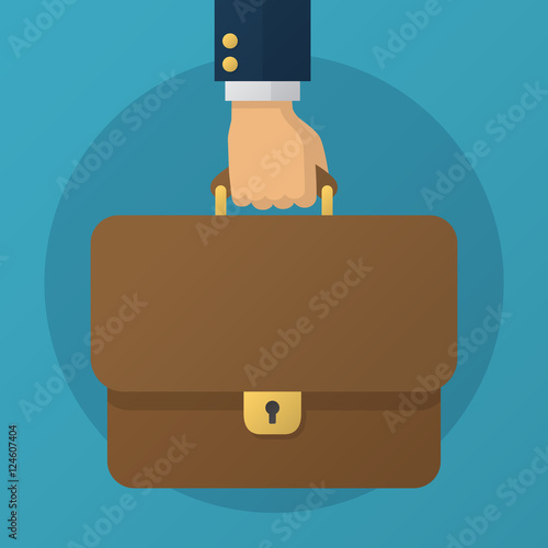 Vector illustration. Hand of businessman or manager in a suit holding a brown briefcase. Design element for your stickers, card, posters, emblems, web design
