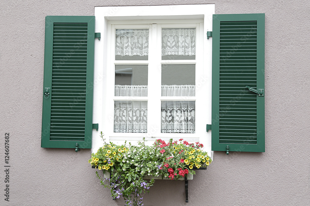 Window with green shutters, on the windowsill, a potted with flowers
