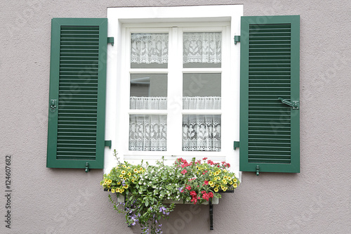 Window with green shutters  on the windowsill  a potted with flowers
