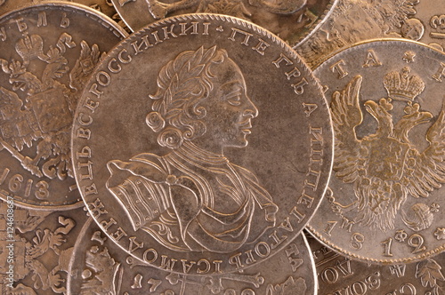 Obraz na płótnie Vintage background silver ruble coin 1722 Russian emperor Peter A. Autocrat of all Russia w salonie