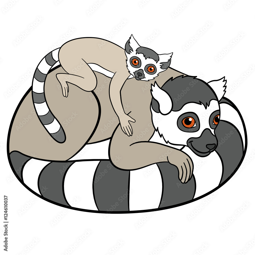 Obraz premium Cartoon animals for kids. Mother lemur with her baby.