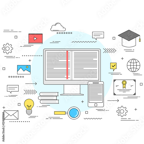 E-learning and online education concept line style illustration