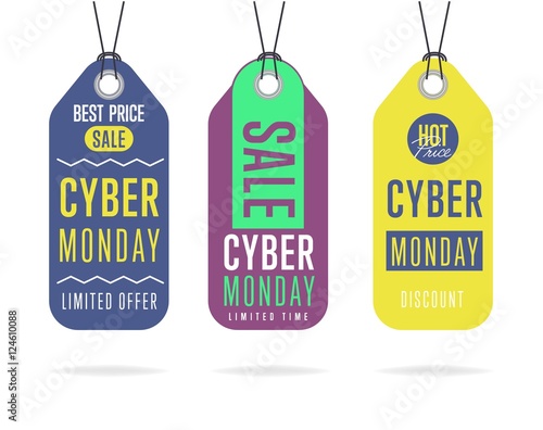 Cyber Monday sale tag sticker vector isolated. Discount or special offer price tag on Cyber Monday. Promo offer or ad offer on special shopping day.