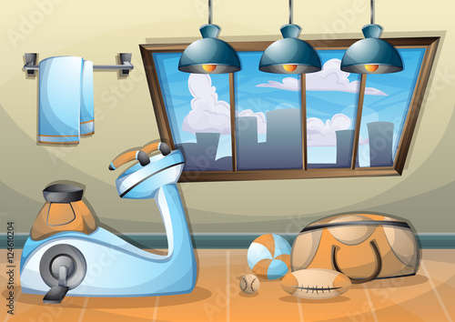 cartoon vector illustration interior fitness room with separated layers in 2d graphic