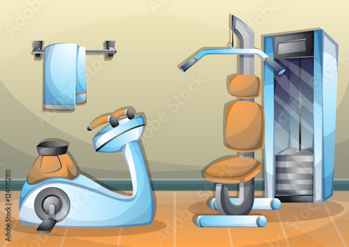 cartoon vector illustration interior fitness room with separated layers in 2d graphic