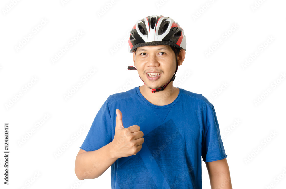 Man is wearing bicycle helmet ready to cycling isolated on white background Man is wearing bicycle helmet ready to cycling isolated on white background