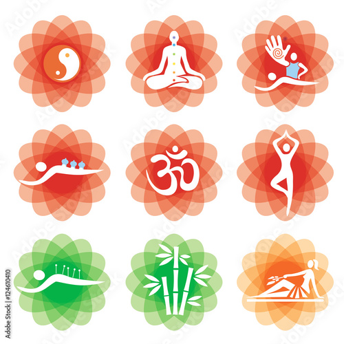 Yoga massage alternative medicine icons.
Set of massage, yoga, spa icons on the decorative backgrounds . Vector available.
