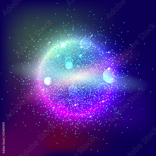 Bright glowing ball filled with particles and dust