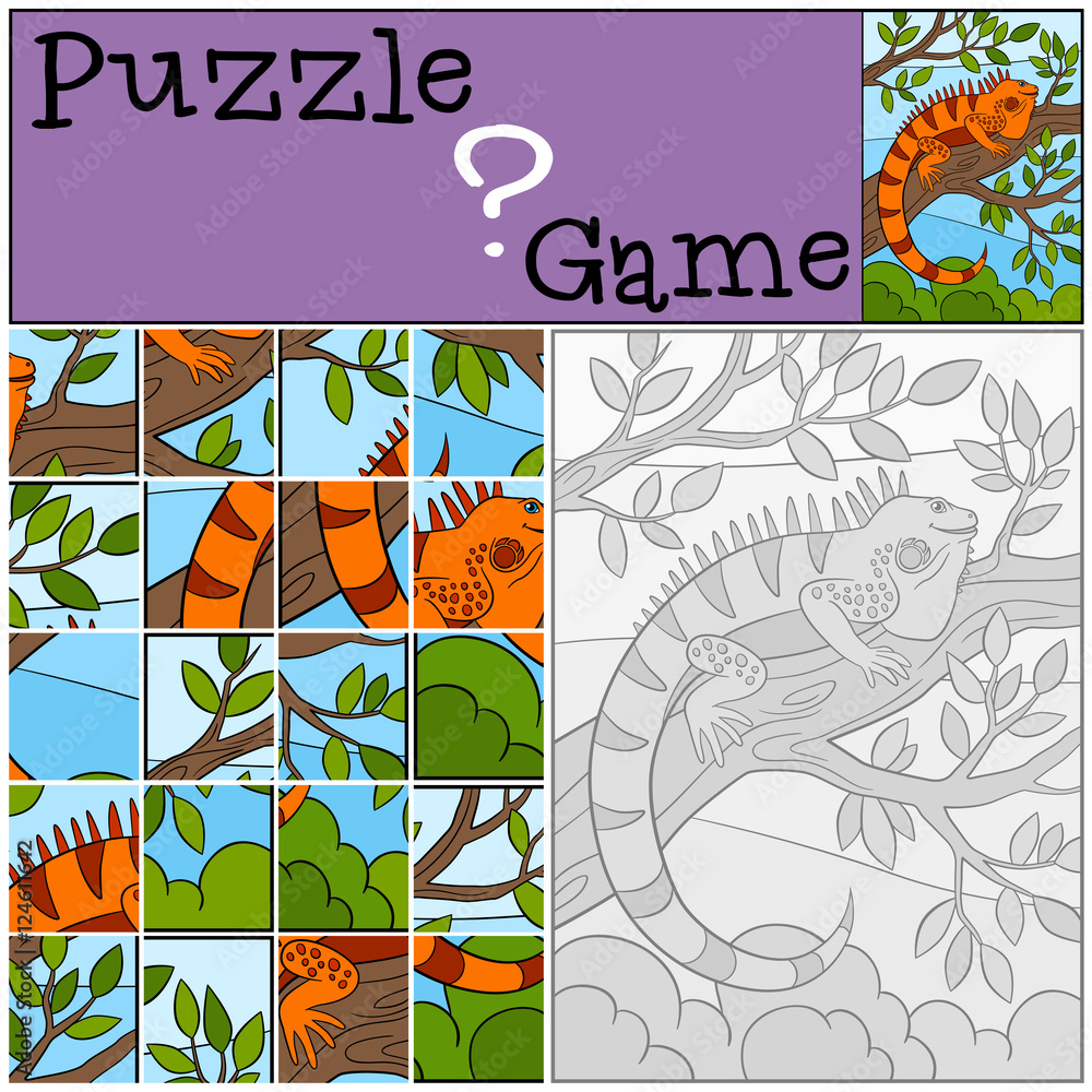 Education game: Puzzle. Little cute iguana sits on the tree.