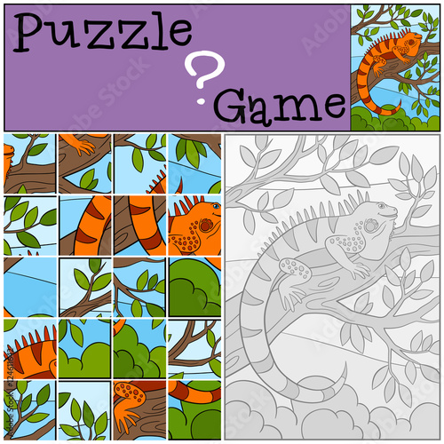 Education game  Puzzle. Little cute iguana sits on the tree.