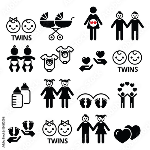 Twin babies icons set - double pram, twin boy and girl designs
