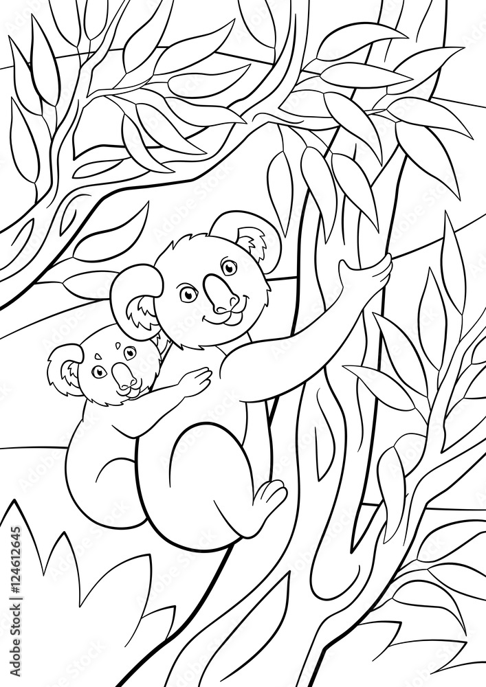 Naklejka premium Coloring pages. Mother koala with her little cute baby.
