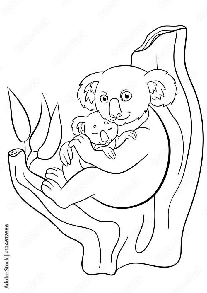 Obraz premium Coloring pages. Mother koala with her little cute sleeping baby.