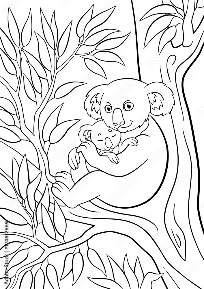 Naklejka premium Coloring pages. Mother koala with her little cute sleeping baby.