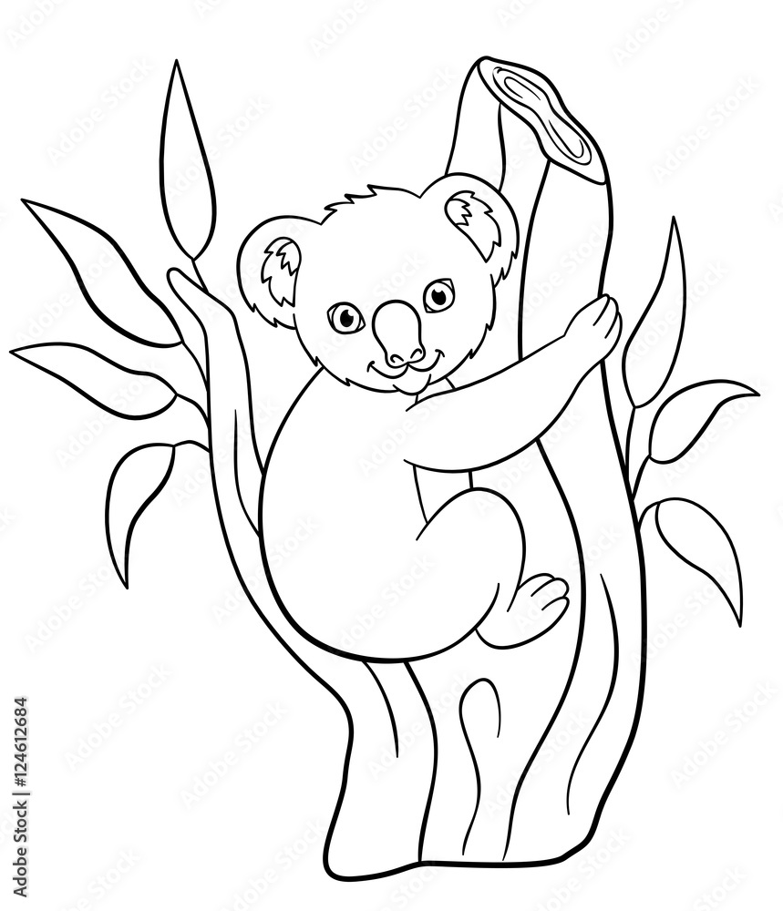 Naklejka premium Coloring pages. Little cute baby koala smiles.