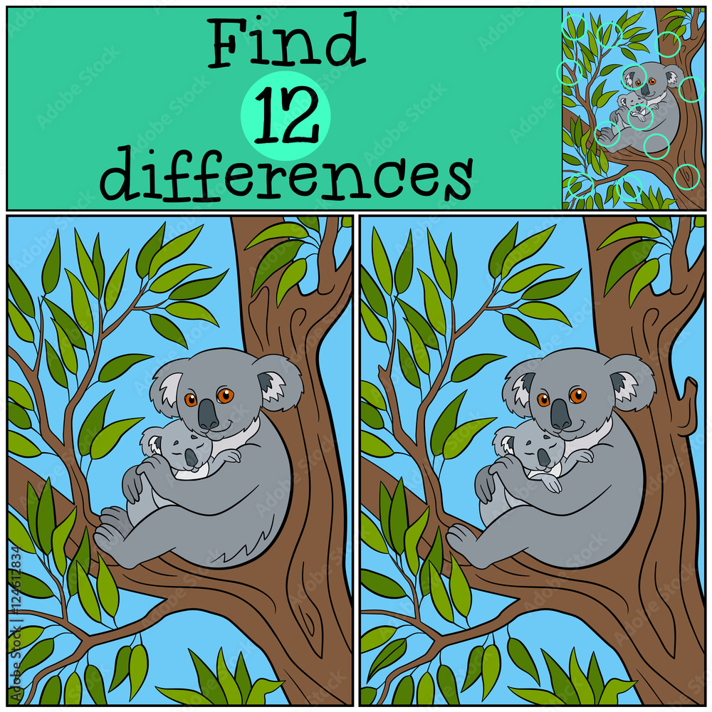 Obraz premium Educational game: Find differences. Mother koala with her cute b