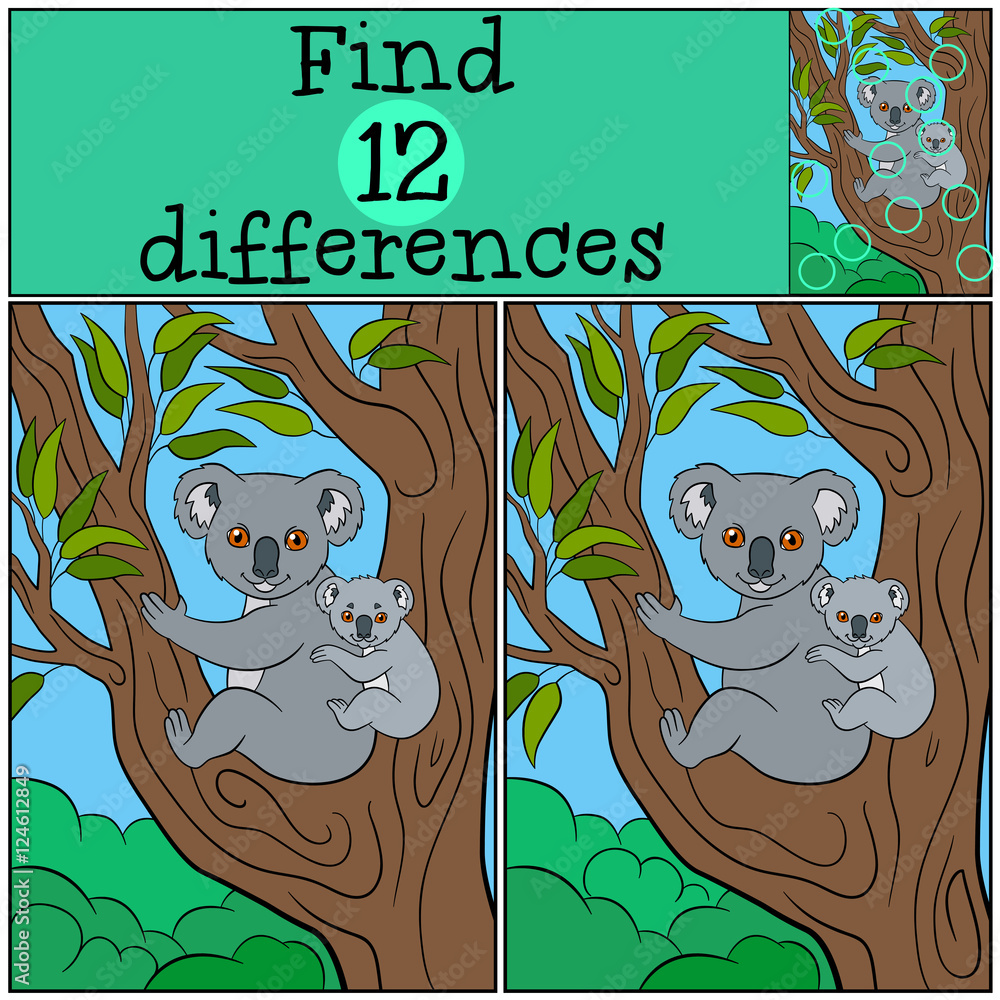 Naklejka premium Educational game: Find differences. Mother koala with her cute b