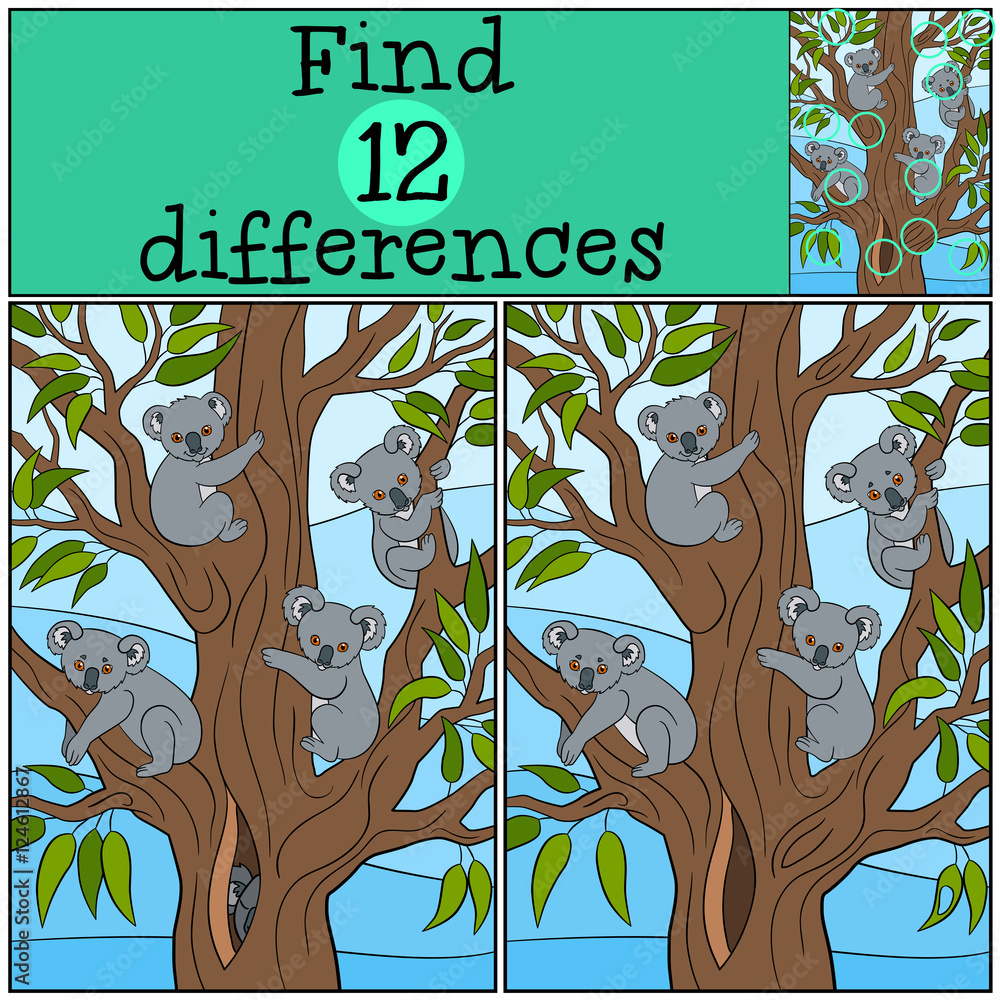 Naklejka premium Educational game: Find differences. Four koala babies smile.