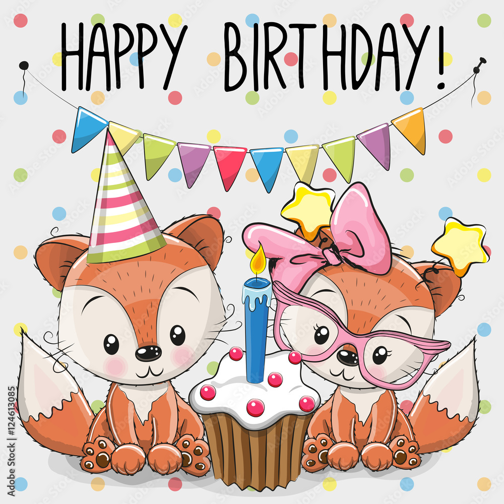 Fototapeta premium Greeting card two cute Cartoon Foxes