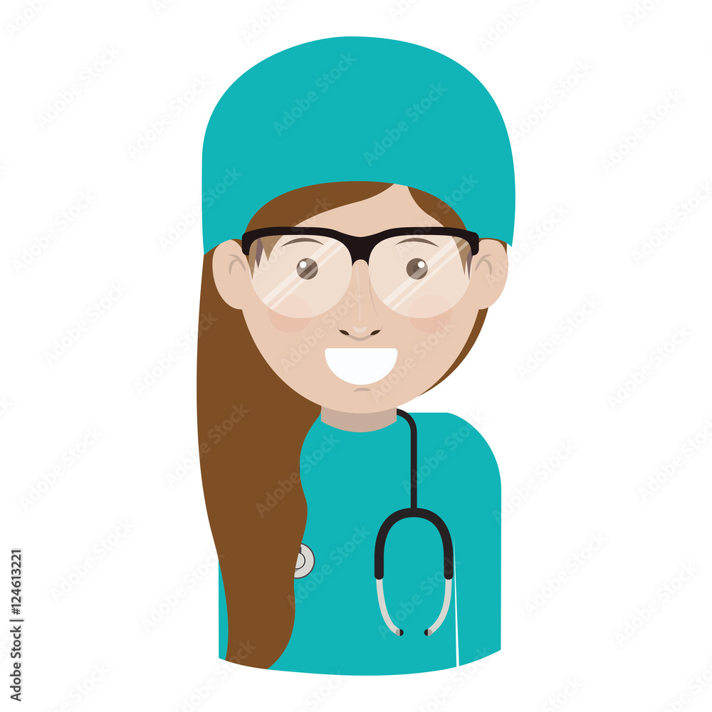 cartoon avatar woman medical doctor with surgery clothes and stethoscope tool. professional medical occupation over white background. vector illustration cartoon avatar woman medical doctor with surgery clothes and stethoscope tool. professional medical occupation over white background. vector illustration