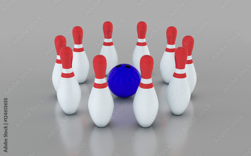 Bowling pins and bowling ball.Isolated on grey background. Bowling pins and bowling ball.Isolated on grey background.