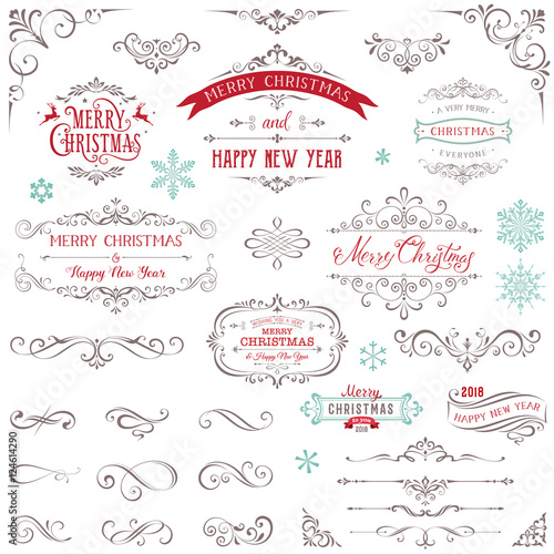 Ornate Christmas frames and swirl elements with Merry Christmas quotes and snowflakes.