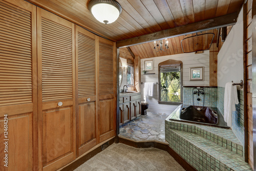 Bathroom interior in a luxurious log cabin.